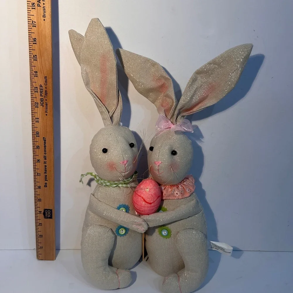 Easter Bunny Couple Figurine Shimmer Fabric Rabbits Pink Egg Spring Decor 17.5in